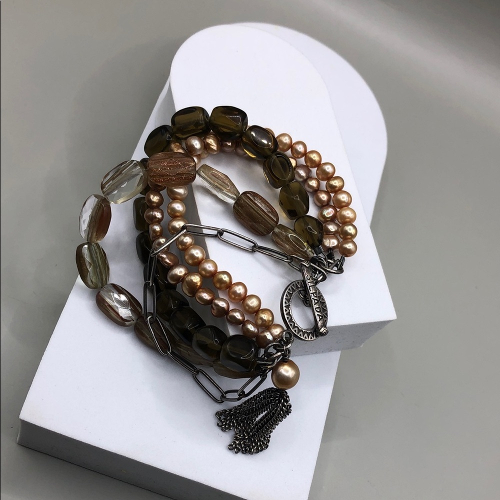 Silpada multi layer cultured pearls gemstones sterling silver tassel bracelet.